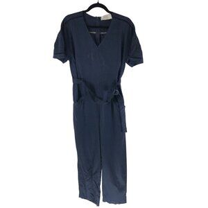 Pearl By Lela Rose Navy Blue Short Sleeve Belted Jumpsuit 4 Tencel/Linen Blend